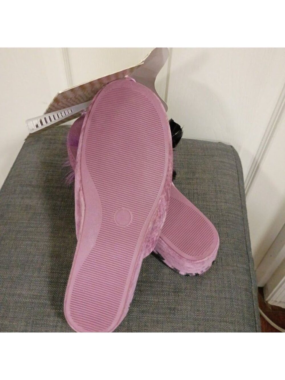 EZ Step Purple Fuzzy Open-Toe Slippers With Animal Print & Pom Pom Accents - Picture 4 of 5